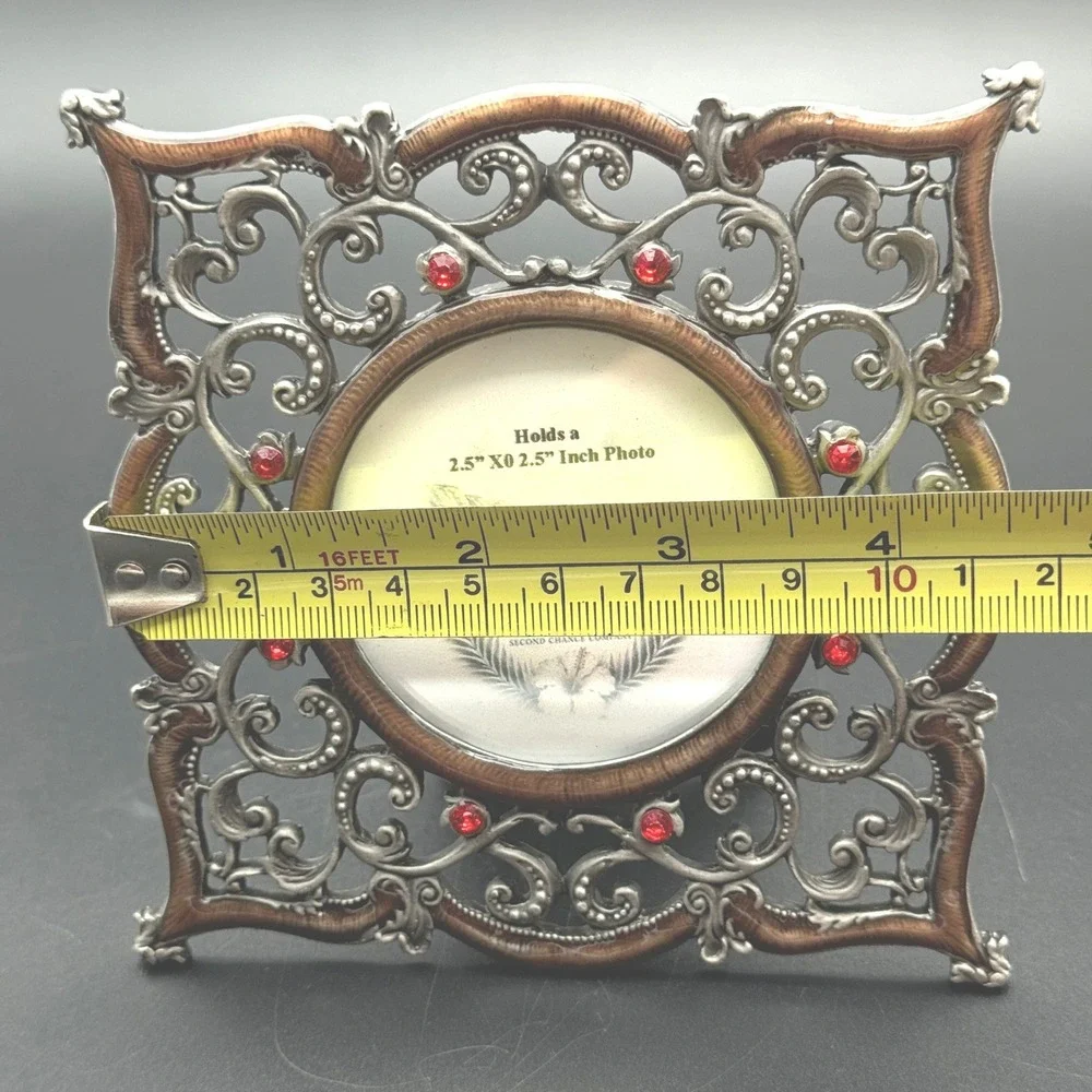 Ornate Picture Frame Bronze Silver Red Rhinestone Coastal Glam‎ 2.5